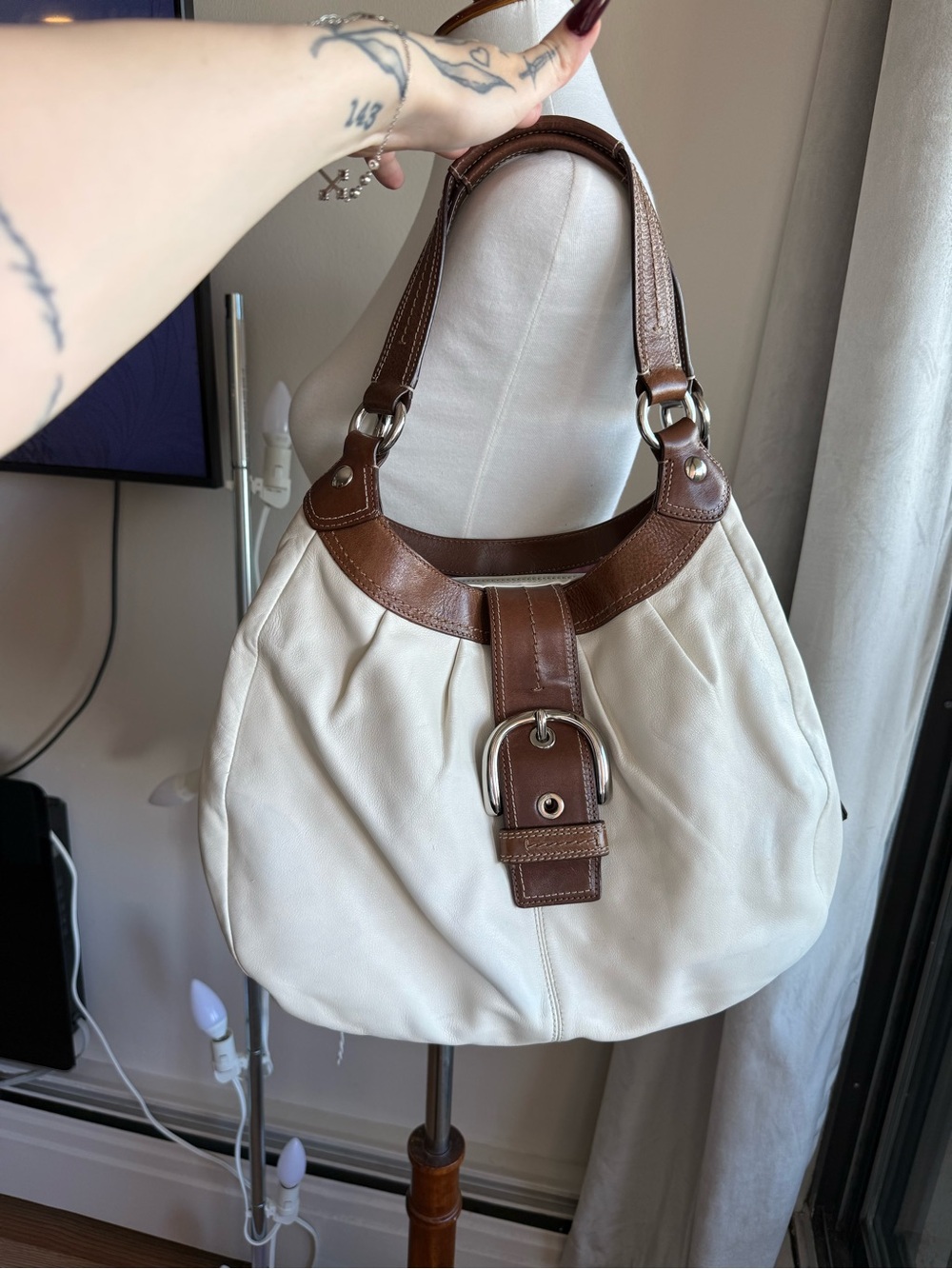 Women’s Cream Coach and Brown Leather-Trim Shoulder Bag